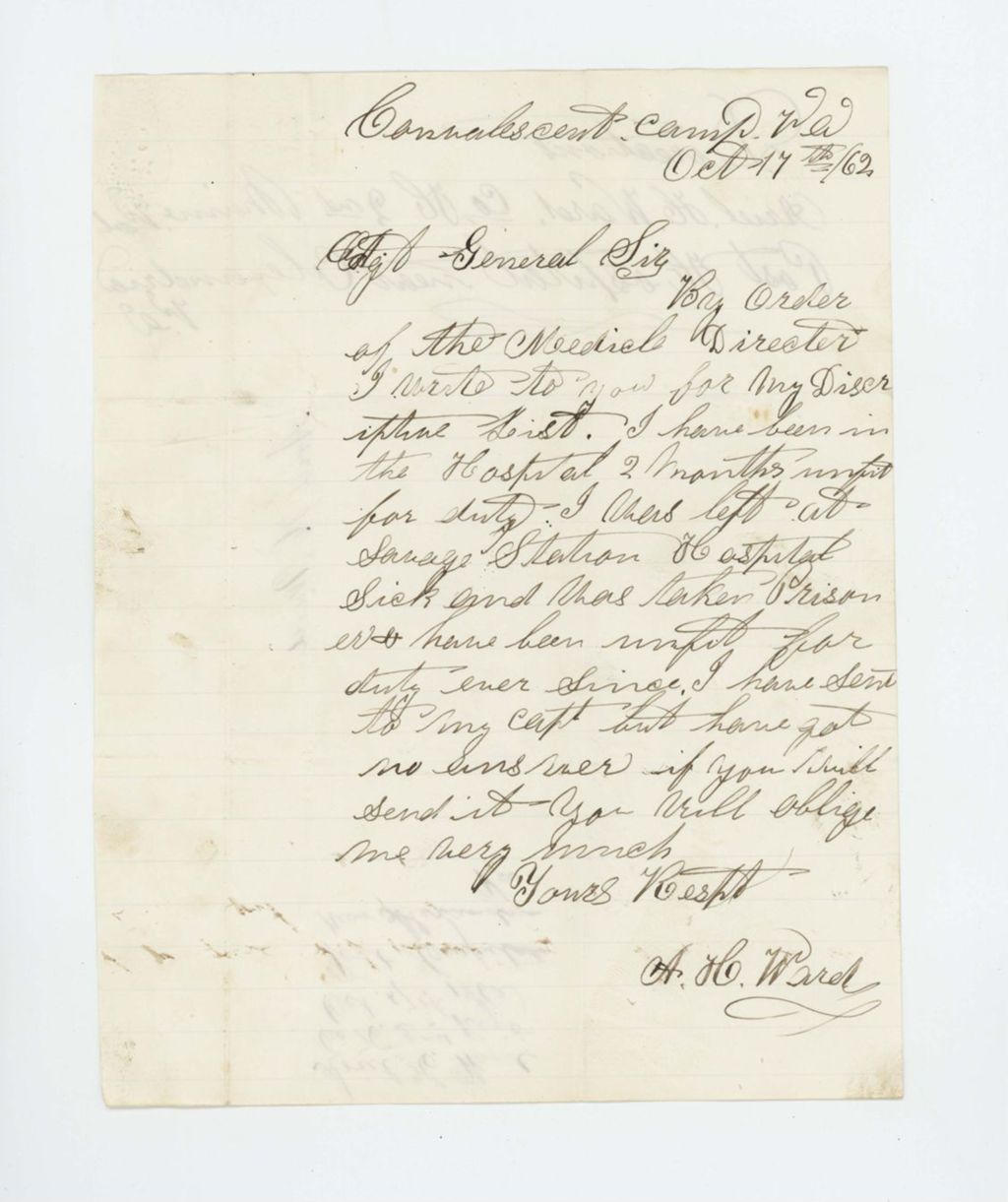 Miniature of Ariel H. Ward requests his descriptive list, being sick in hospital