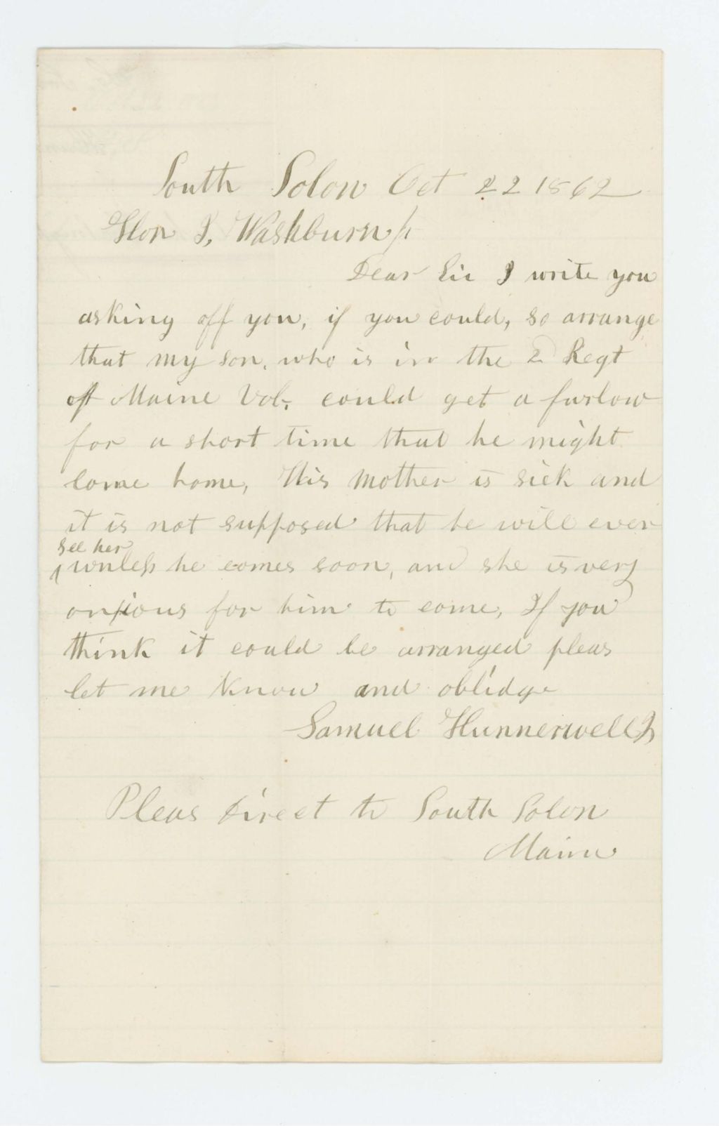 Miniature of Samuel Hunnerwell requests a furlough for his son to see his ill mother