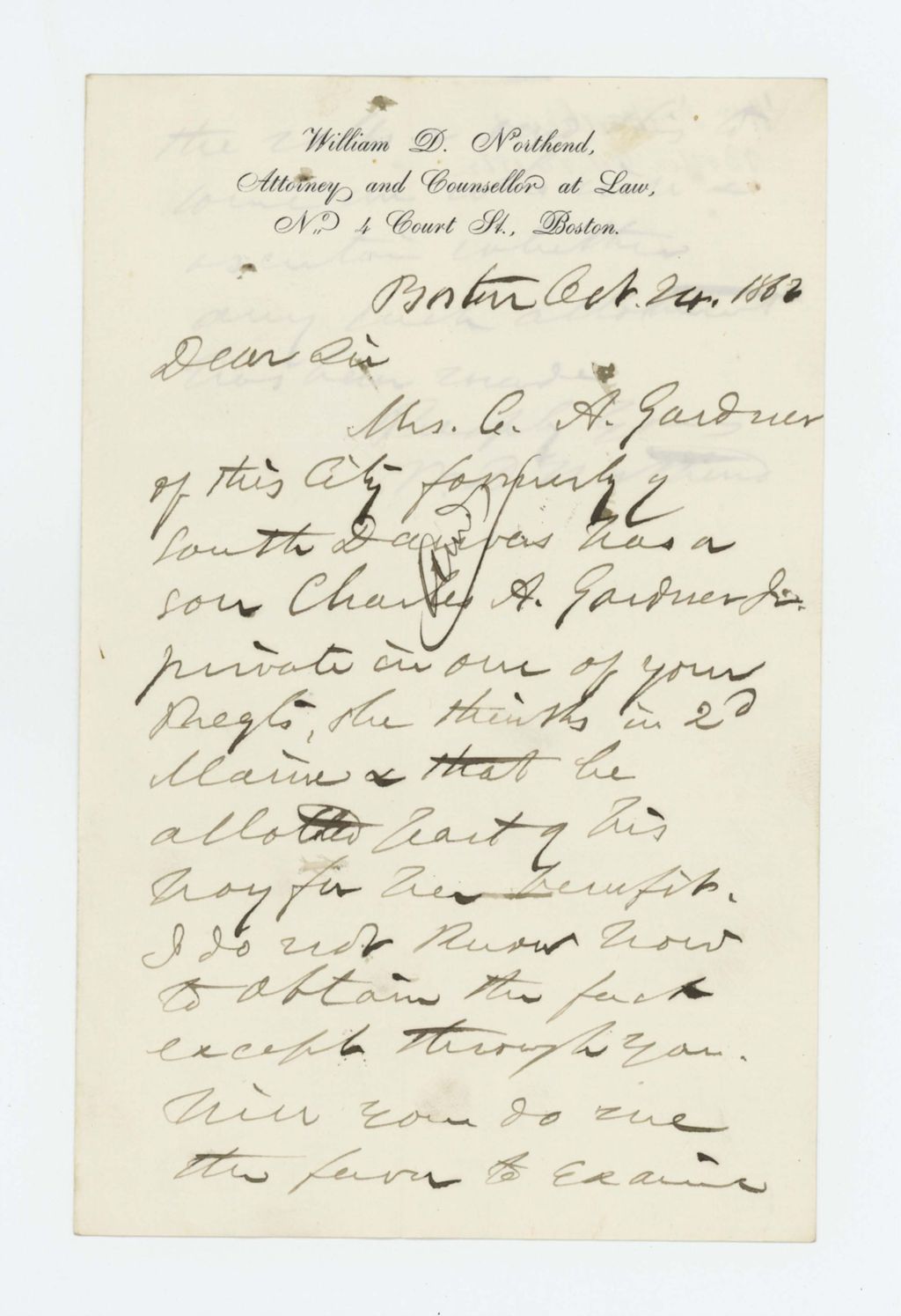 Miniature of William Northend requesting information on benefits for mother of Charles A. Gardner, Jr.