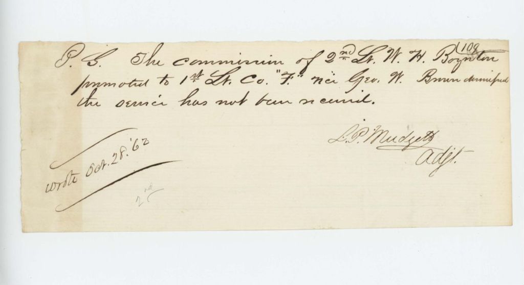 Miniature of Lewis P. Mudgett writes that the commission of Lt. W.H. Boyton has not been received