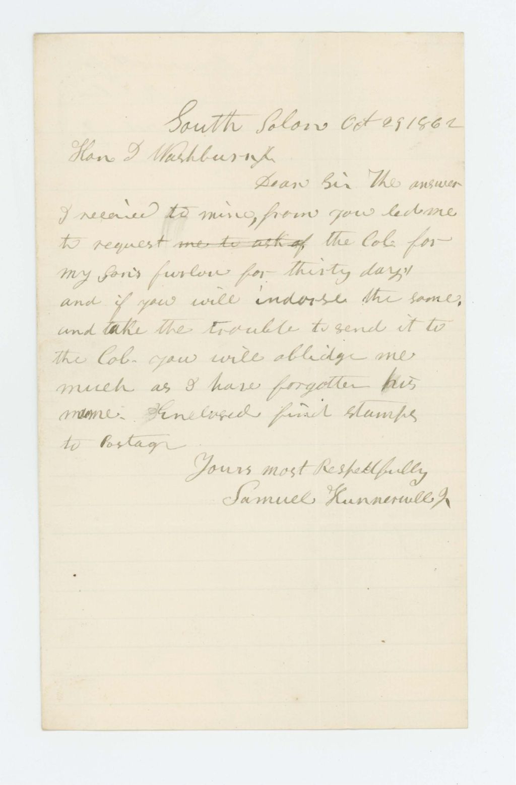 Miniature of Samuel Hunnerwell writes regarding a month furlough for his son