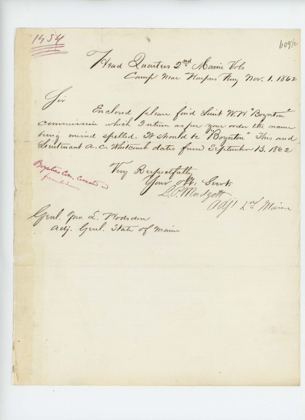 Miniature of L.P. Mudgett corrects misspelled name on commission of W.H. Boynton
