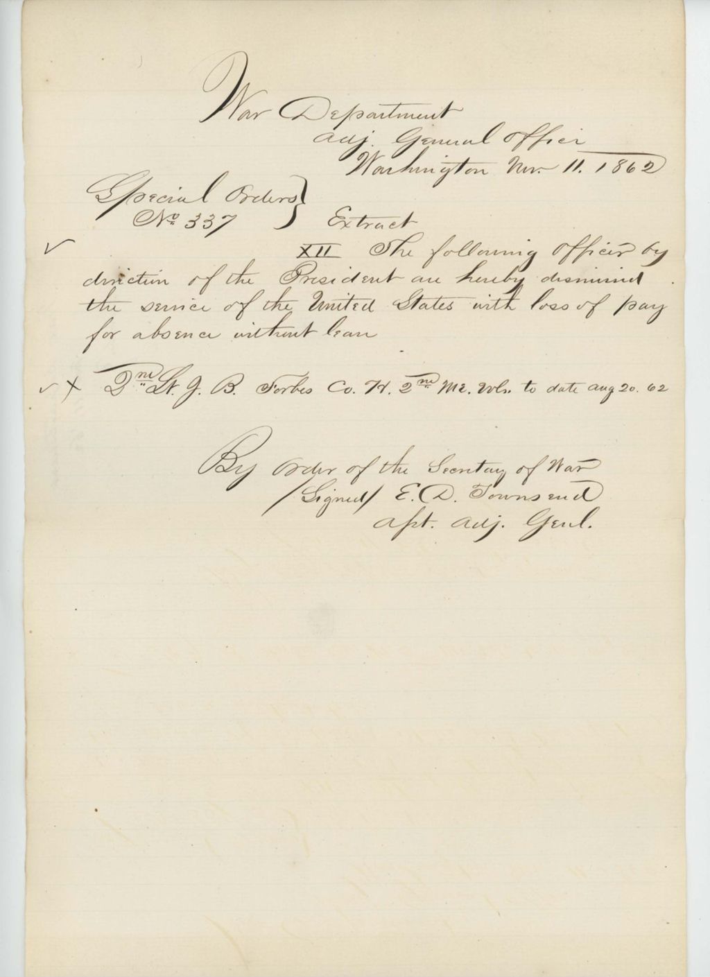 Miniature of Special Order 337 regarding dismissal of Lieutenant J.B. Forbes for absence without leave