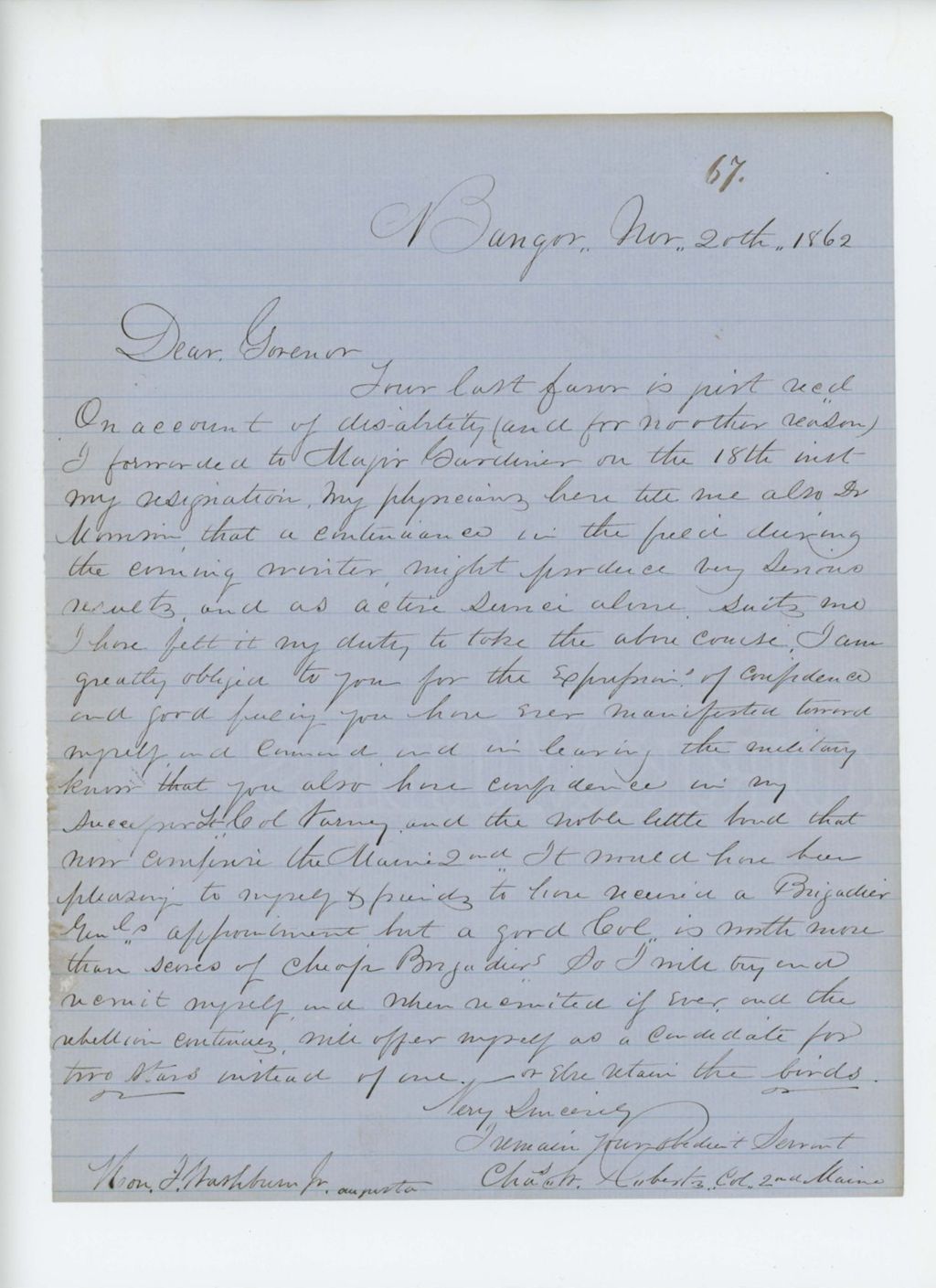Miniature of Colonel Charles W. Roberts writes to Governor Washburn regarding his resignation