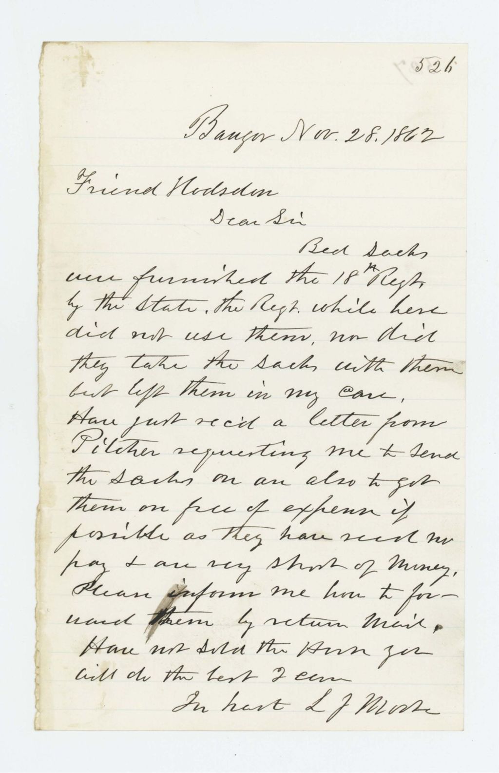 Miniature of L.J. Moore regarding bed sacks for the regiment