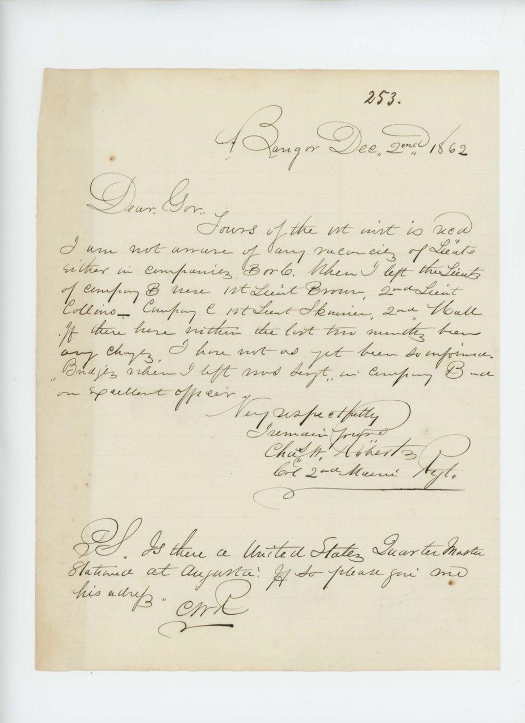 Miniature of Colonel Charles Roberts writes to Governor Washburn regarding lieutenant vacancies
