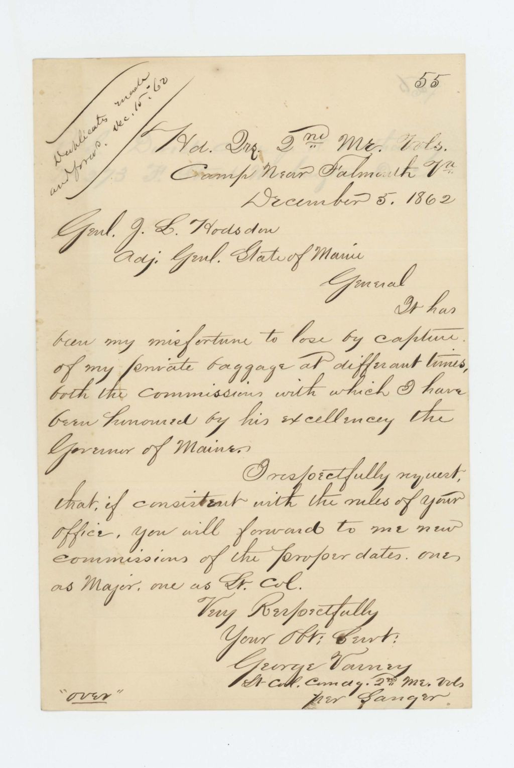 Miniature of Lieutenant Colonel George Varney requests copies of his commissions
