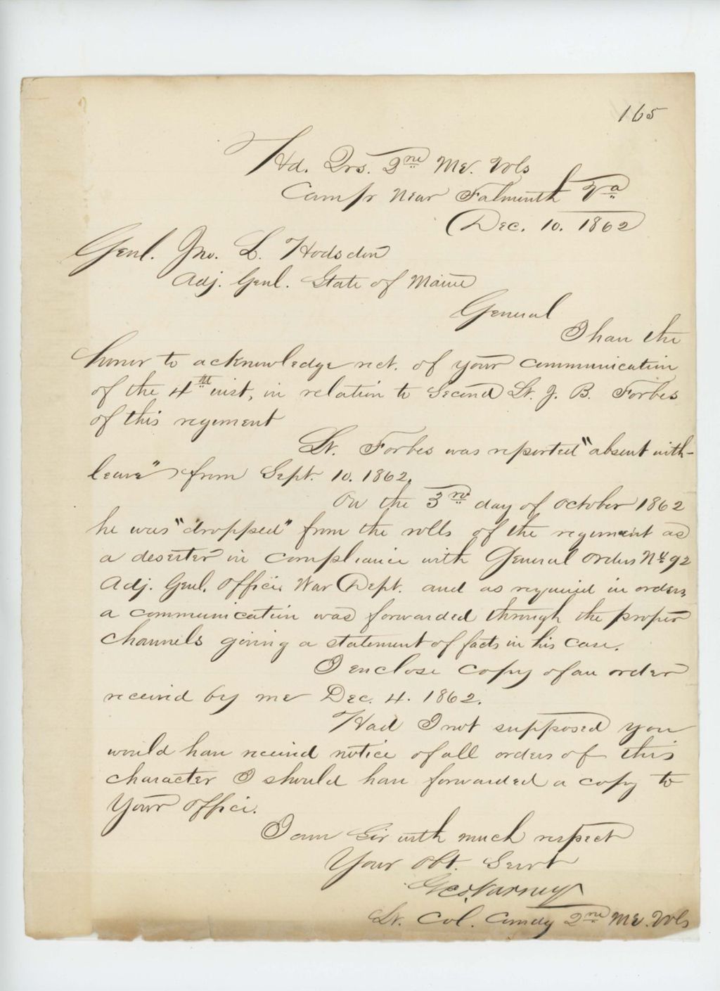 Miniature of Lt. Colonel George Varney to General Hodsdon regarding 2nd Lieutenant J.B. Forbes