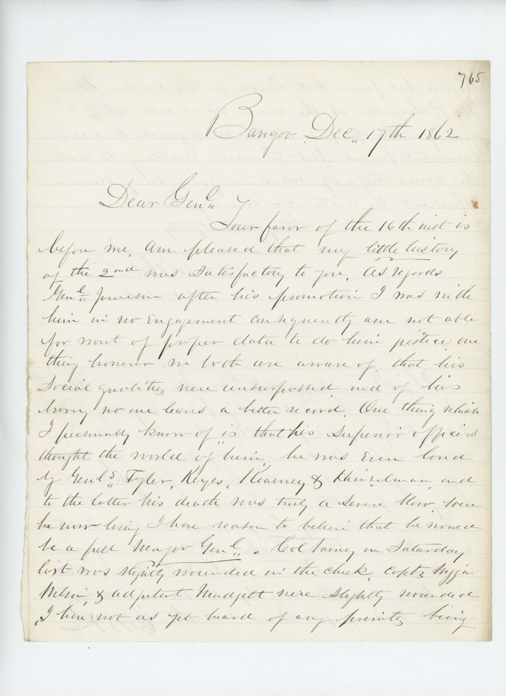 Miniature of Colonel Charles Roberts to General Hodsdon regarding his history of the 2nd Maine Regiment
