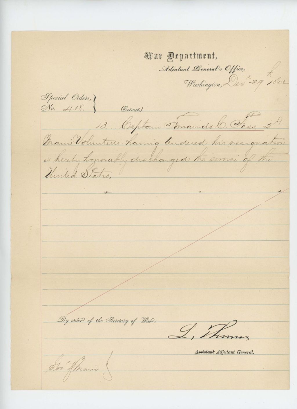 Miniature of Honorable discharge of Captain Fernando Foss
