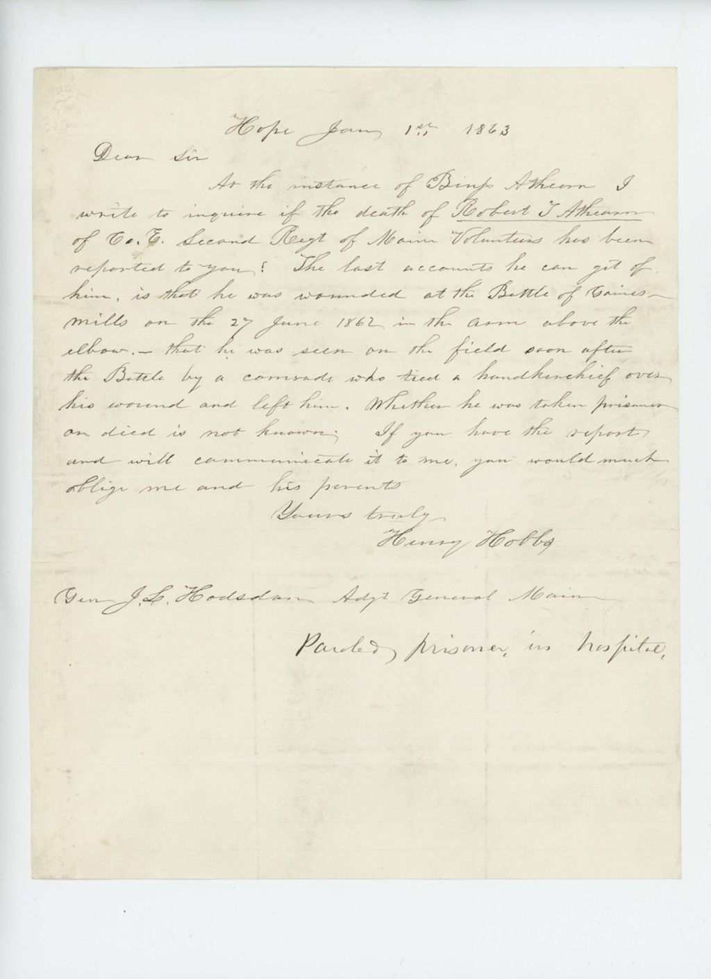 Miniature of Henry Hobbs inquires about the death of Robert Athearn
