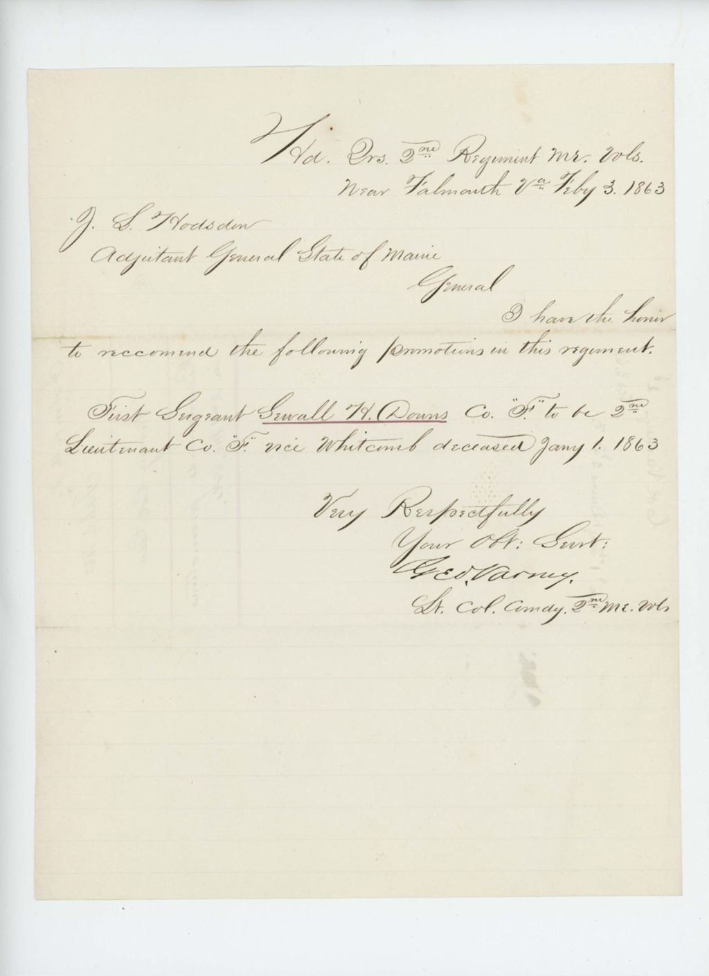 Miniature of Colonel George Varney recommends Sergeant Sewall H. Downs for promotion