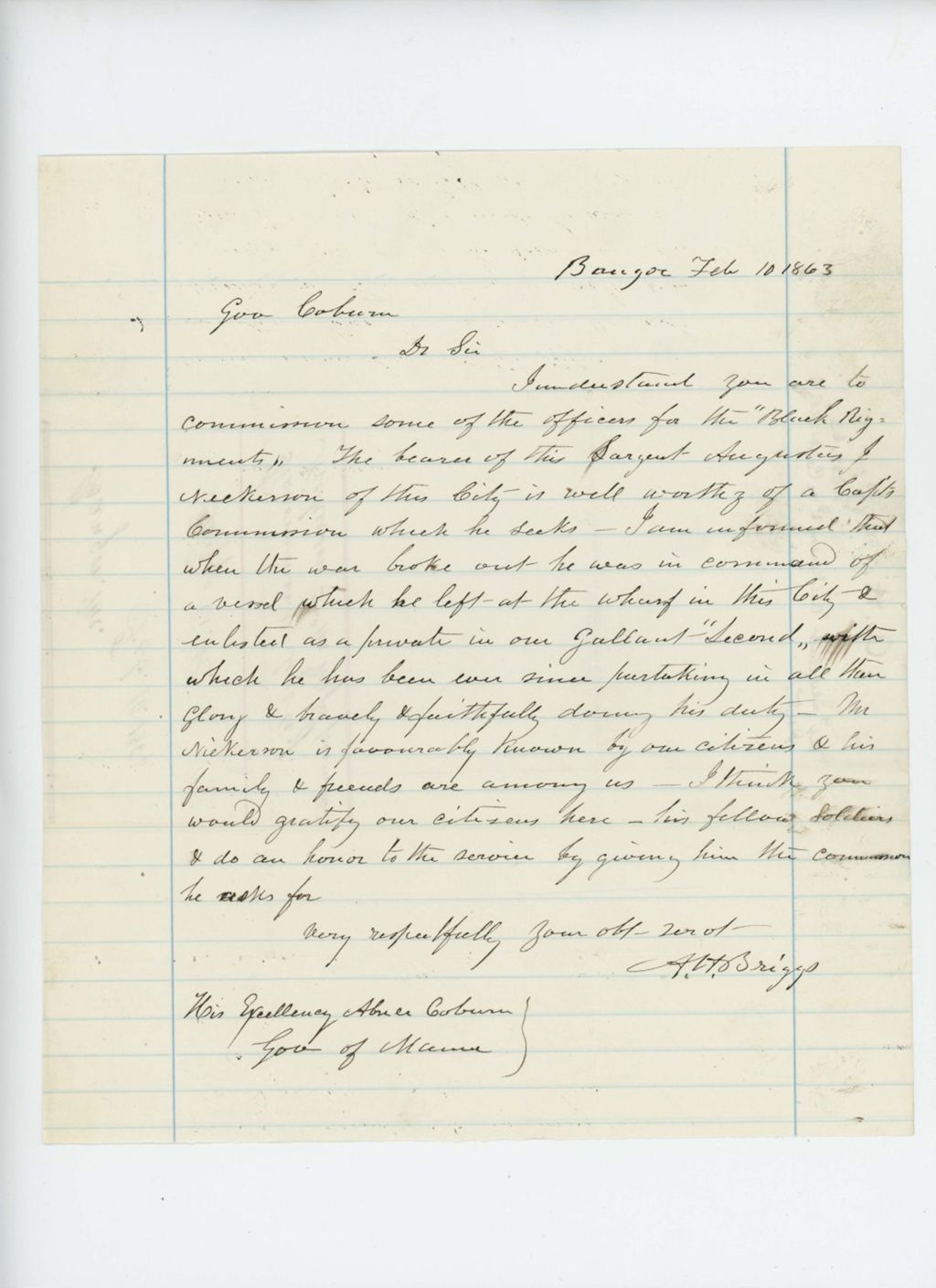 Miniature of A.H. Briggs recommends Sergeant A.J. Nickerson for promotion