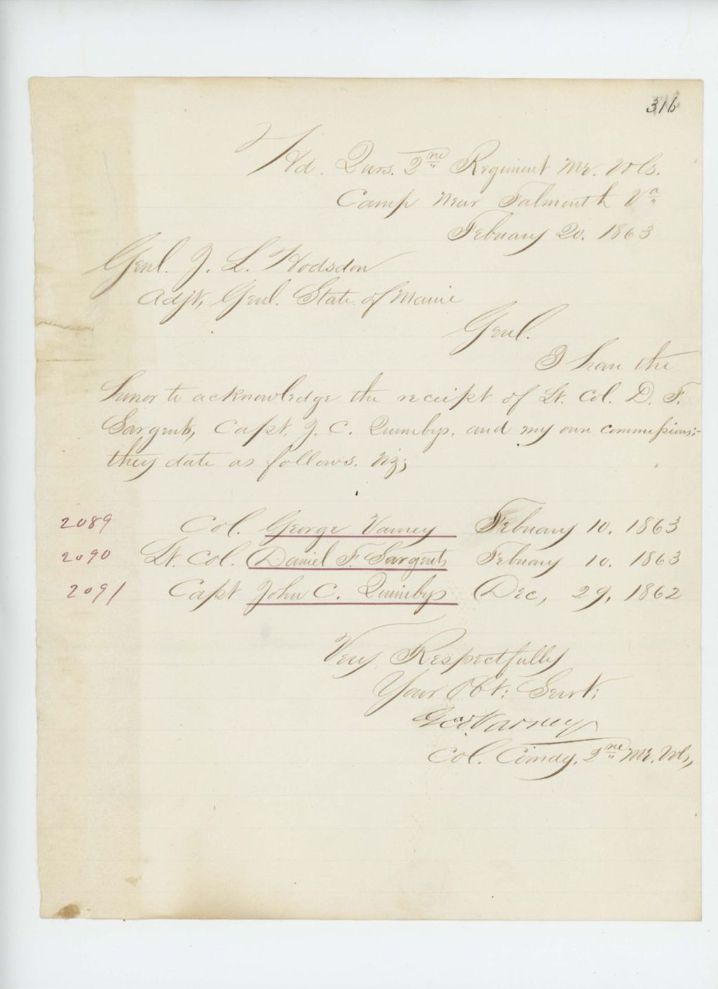 Miniature of Colonel Varney acknowledges receipt of commissions for himself, Daniel Sargent, and John Quimby