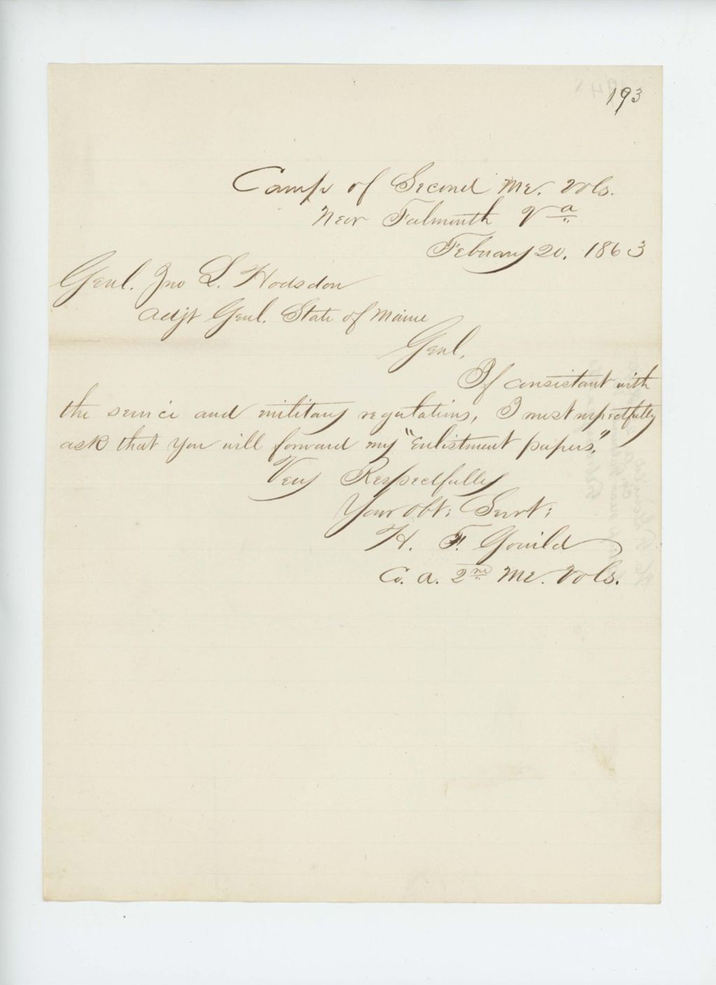Miniature of H.F. Gould requests his enlistment papers from Adjutant General Hodsdon