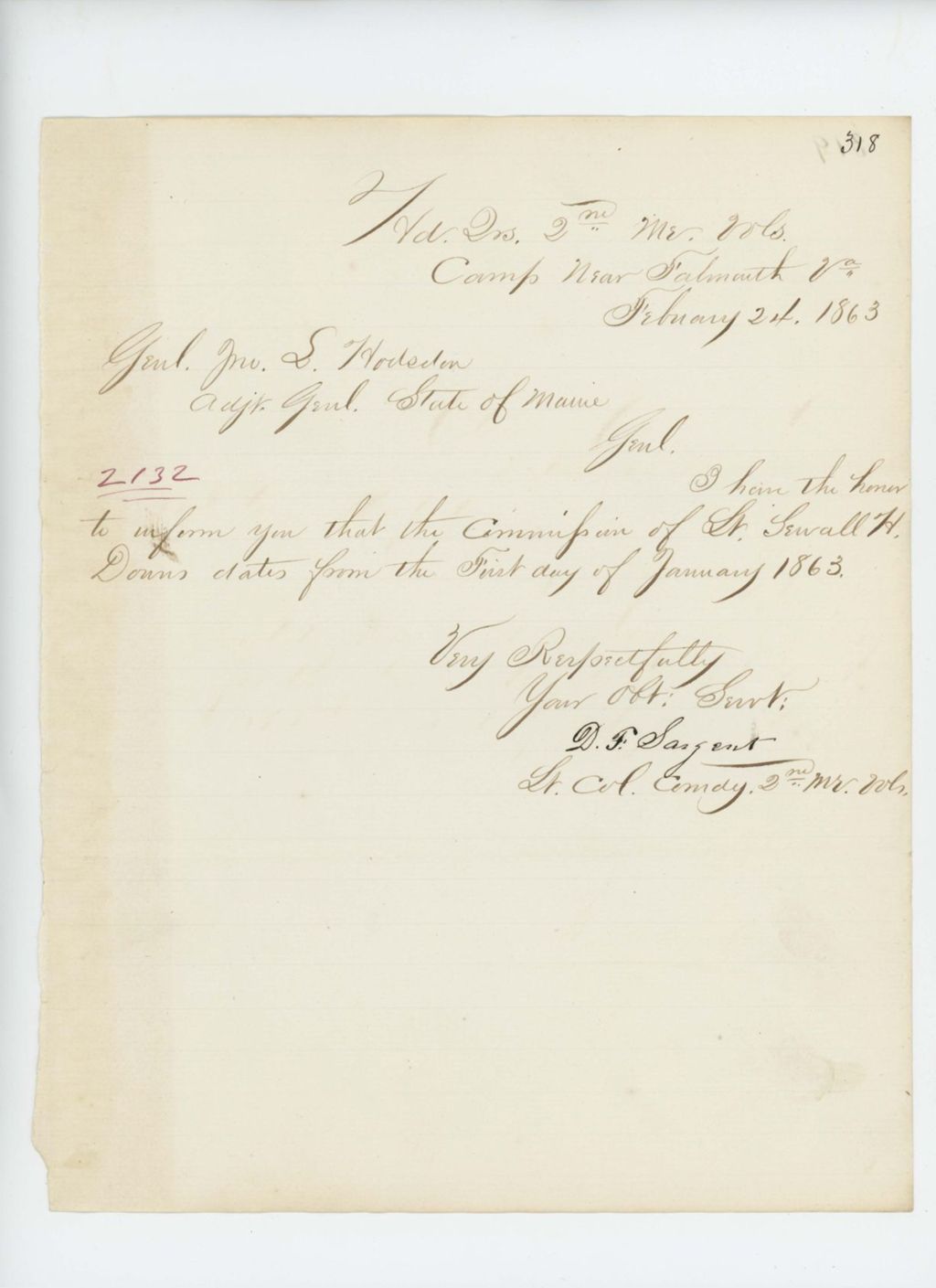 Miniature of Lieutenant Colonel D.F. Sargent verifies commission of Lieutenant Sewall H. Downs