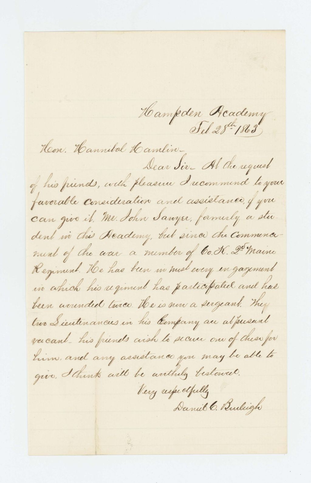 Miniature of Daniel Burleigh requests Hannibal Hamlin's aid in securing a promotion for John Sawyer