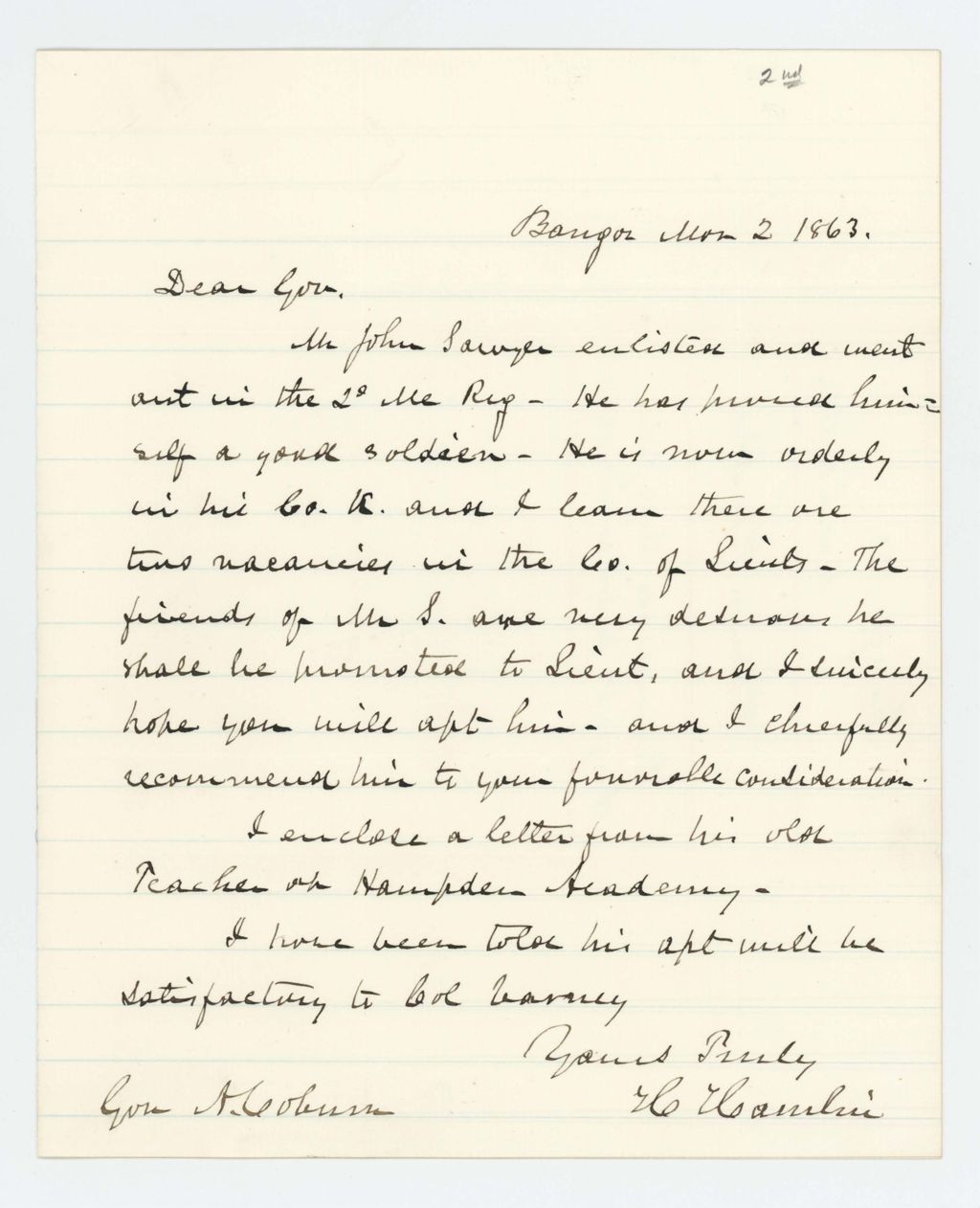 Miniature of Hannibal Hamlin recommends John Sawyer for promotion