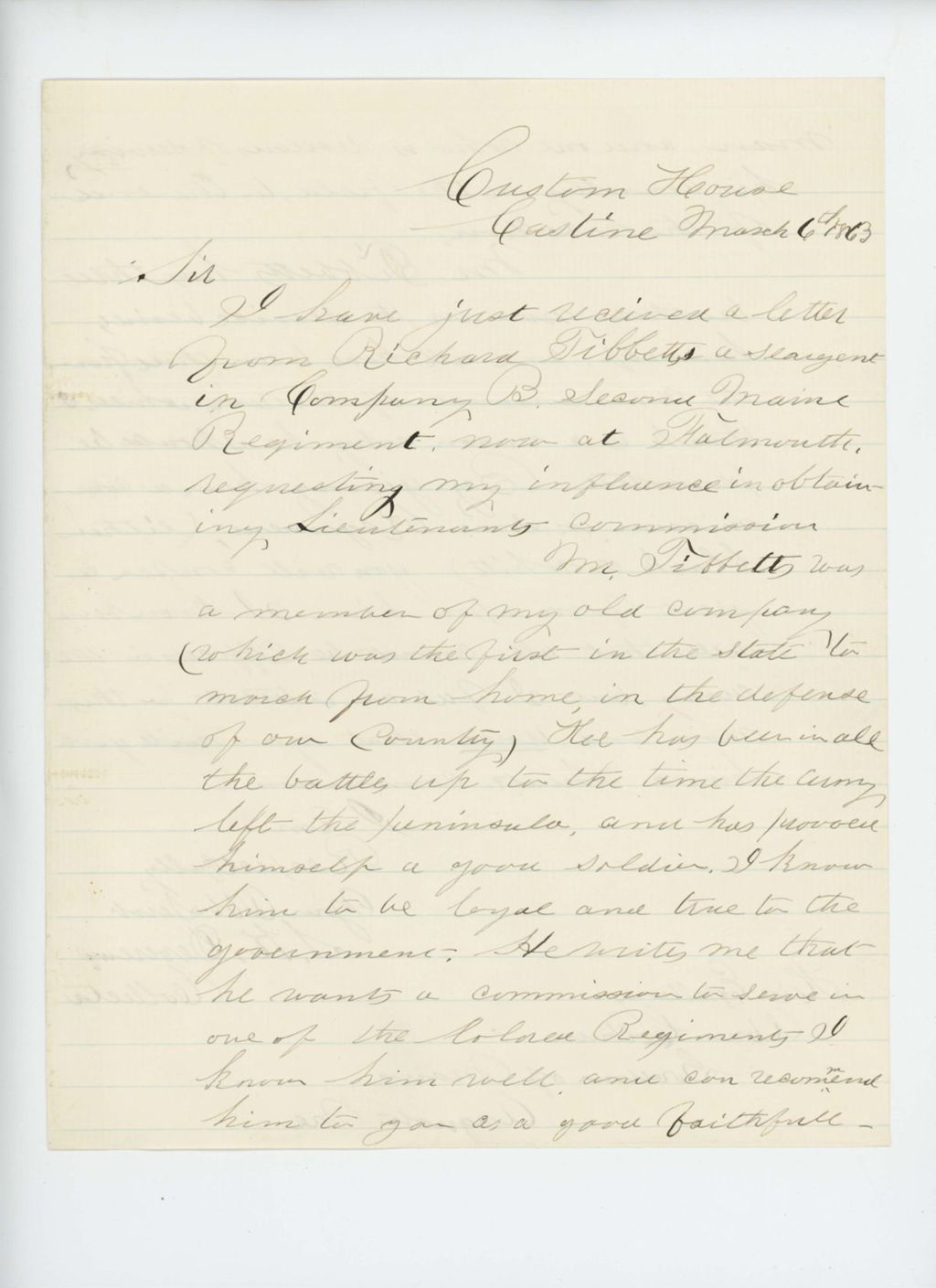 Miniature of S.K. Devereux writes Governor Coburn regarding commission for Richard Tibbetts