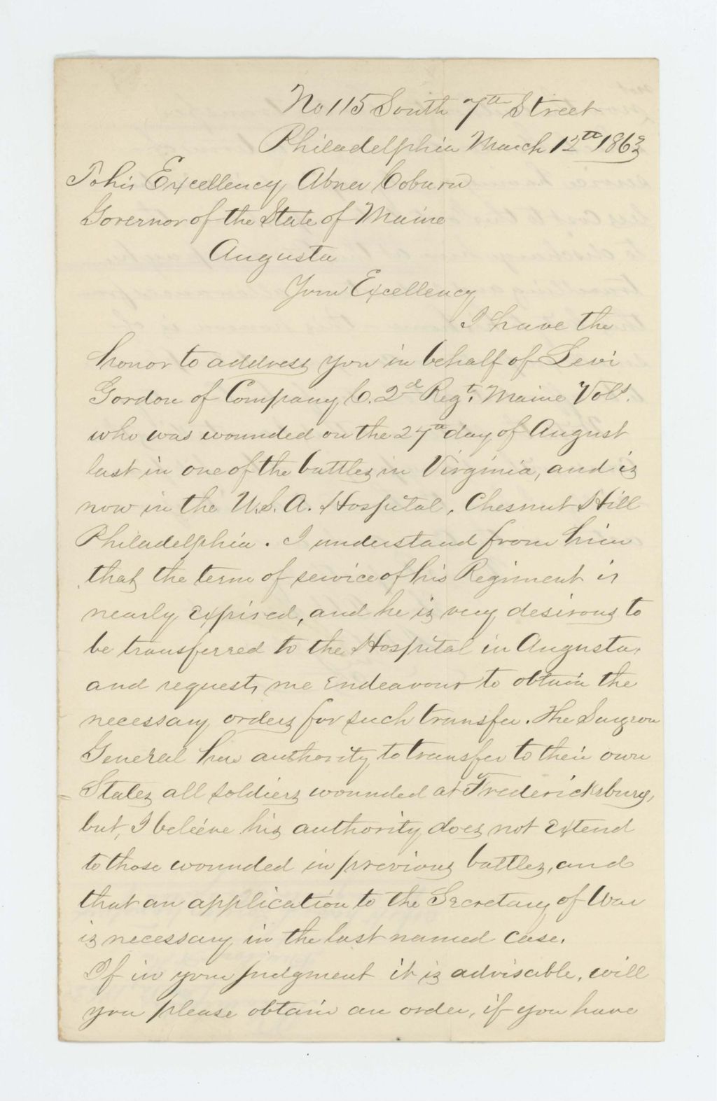 Miniature of A.H. Bigelow writes to request transfer of wounded Levi Gordon transferred to Augusta hospital
