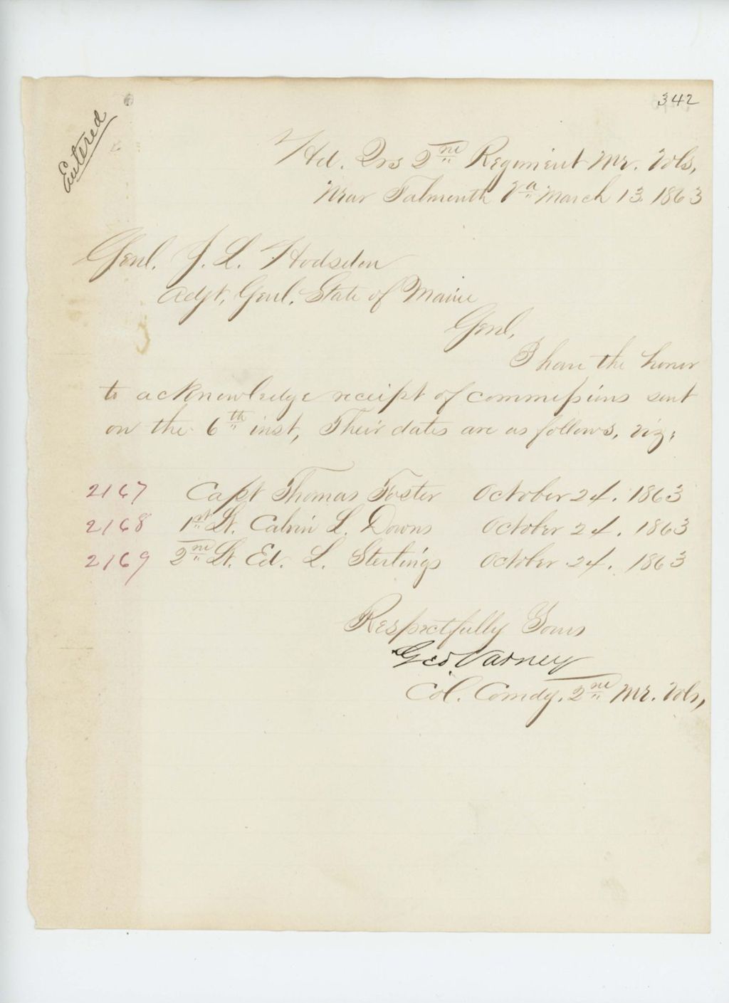 Miniature of Colonel George Varney acknowledges receipt of commissions for Foster, Downs, and Sterling