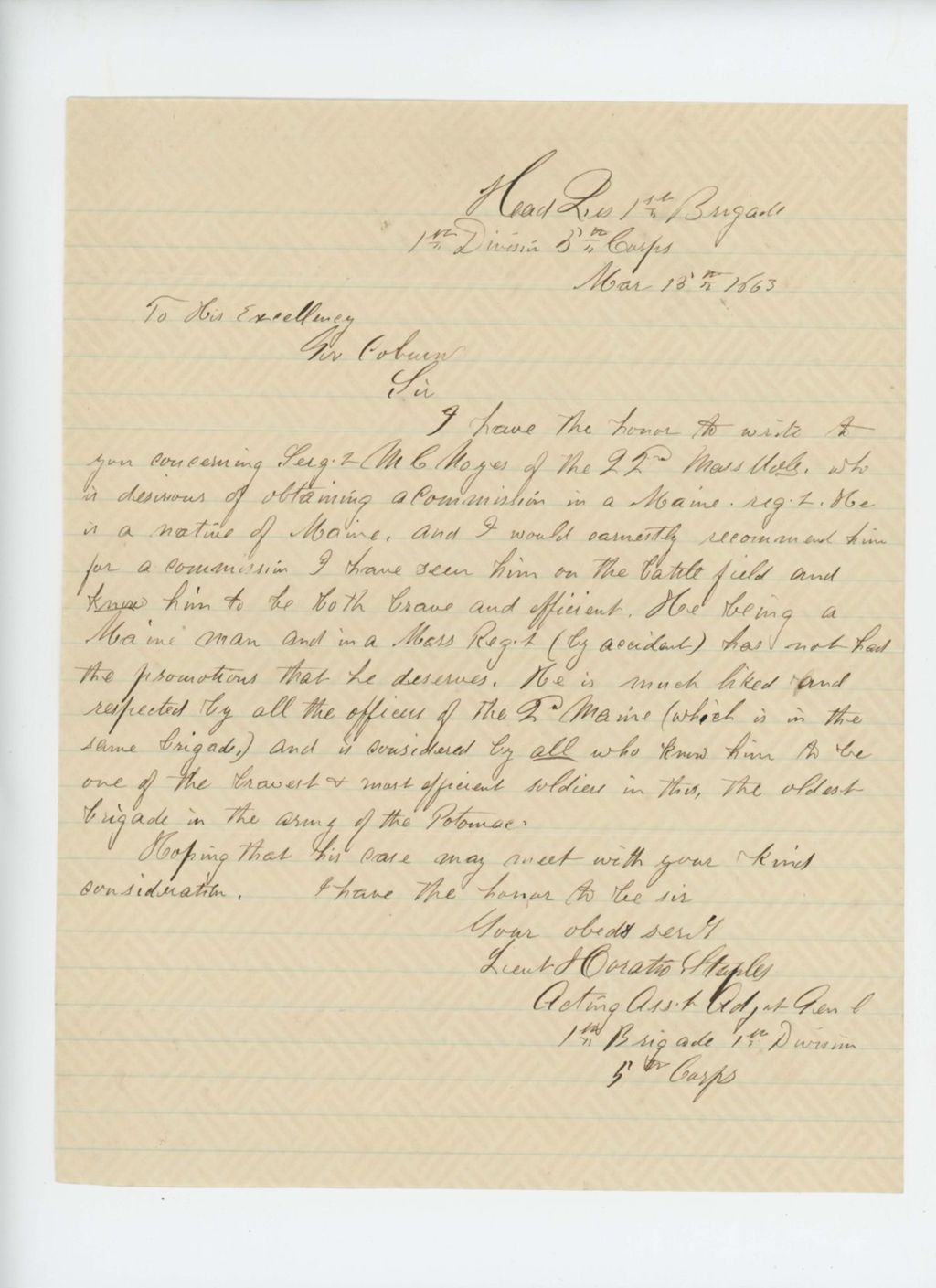 Miniature of Lieutenant Horatio Staples writes in support of promotion of Sergeant Noyes