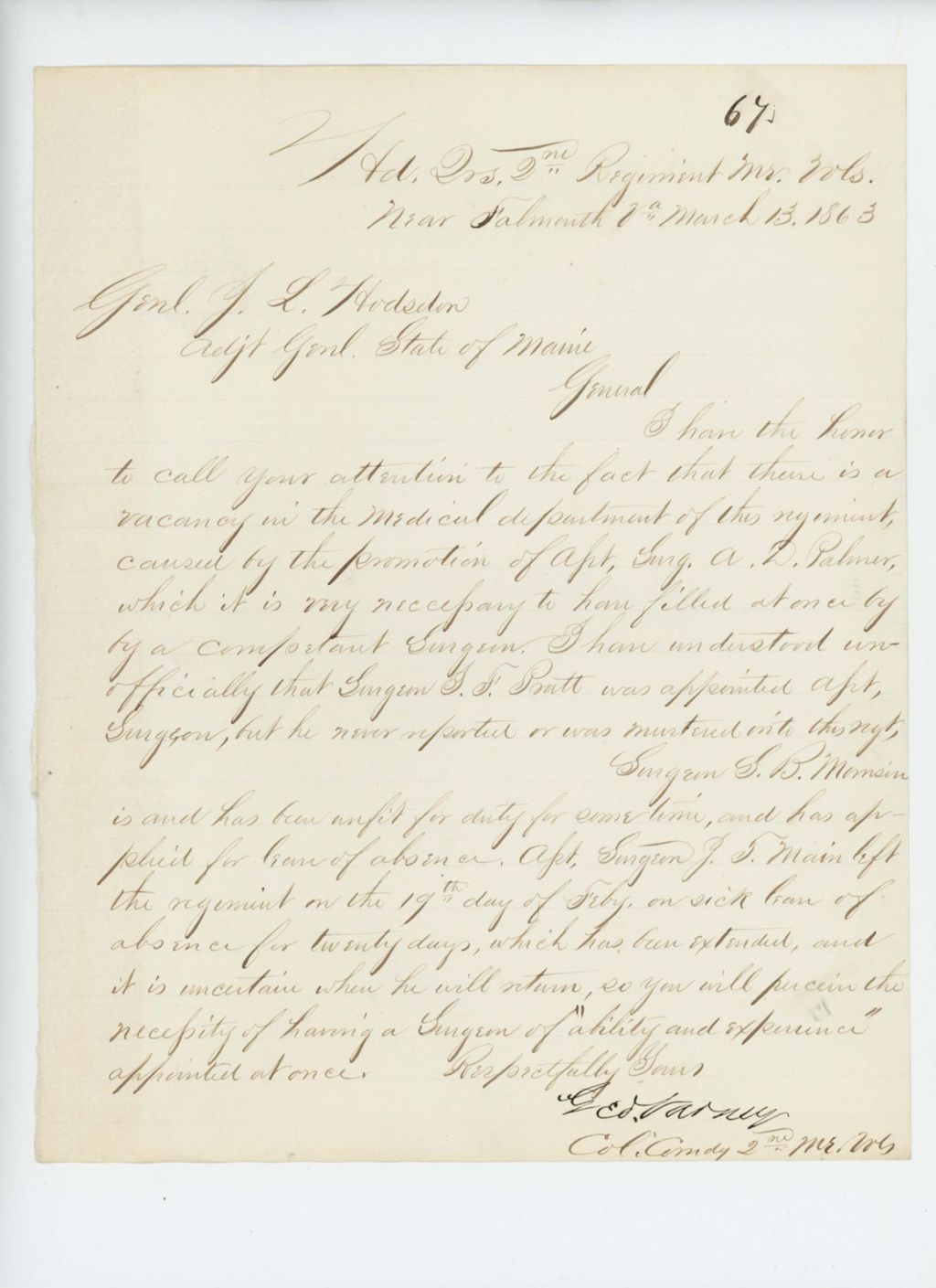 Miniature of Colonel George Varney requests appointment of a surgeon