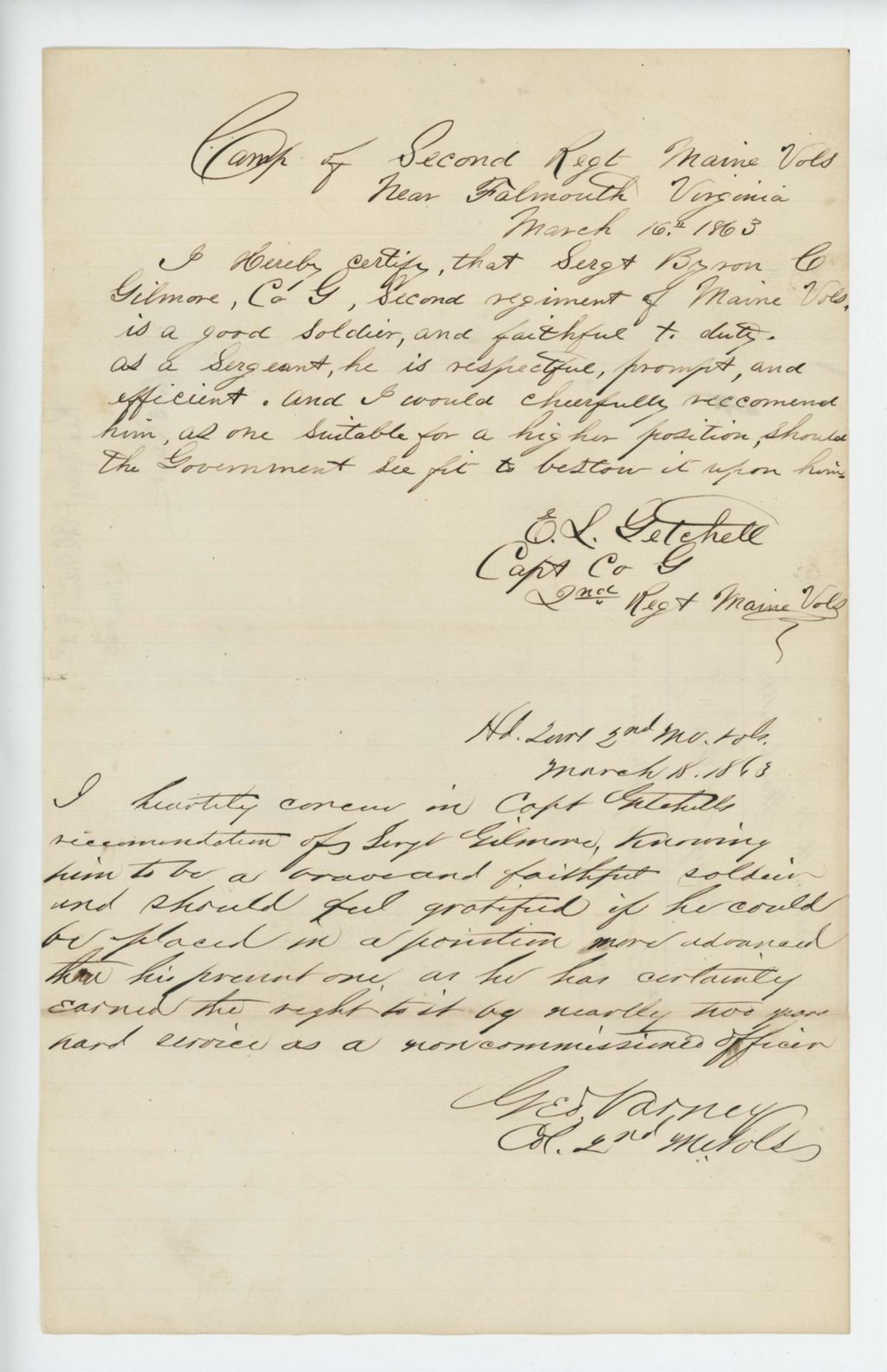 Miniature of Colonel Varney and Captain Getchell recommend Sergeant Byron Gilmore for promotion