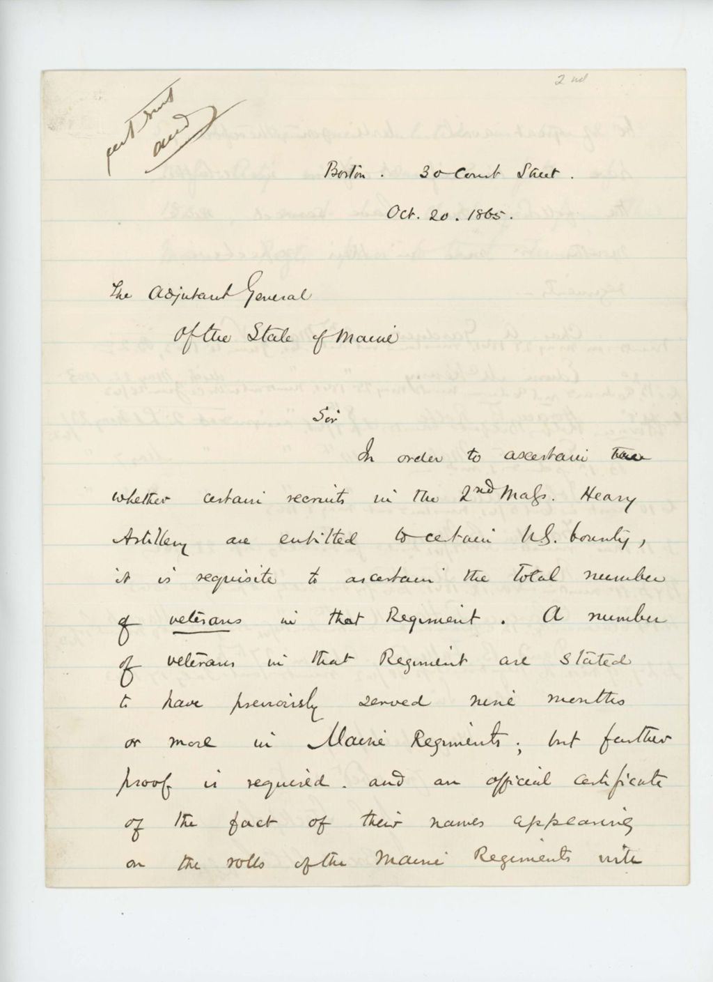 Miniature of Brevet Lt. Colonel J.L. Stackpole requests confirmation of service for members of 2nd Maine