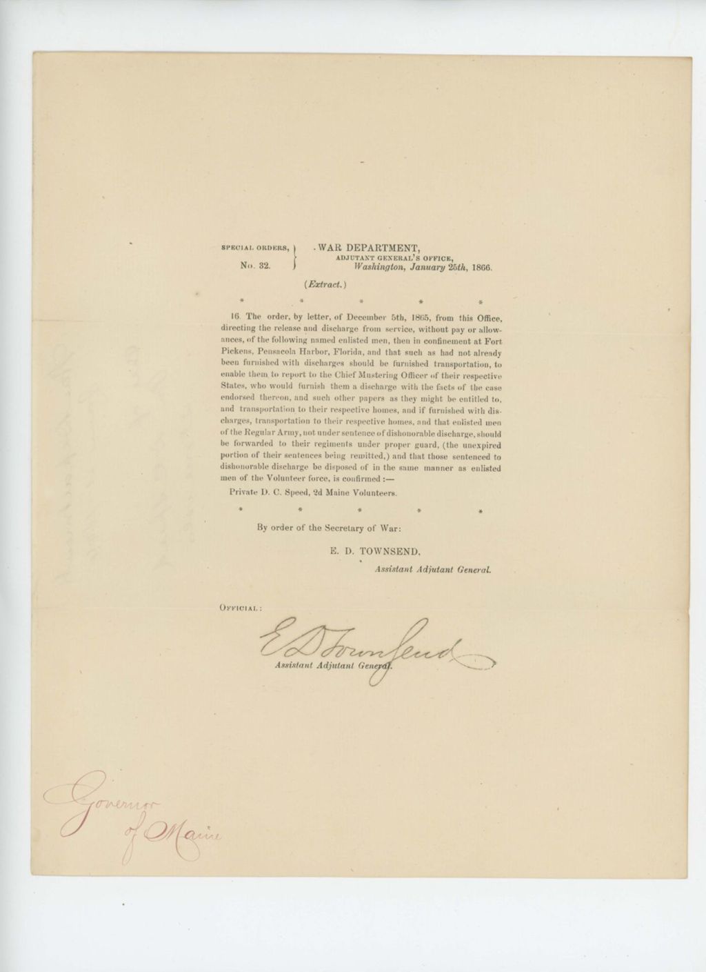 Miniature of Special Order 32 directing release of Private D.C. Speed from confinement at Fort Pickens, Pensacola, Florida, without pay