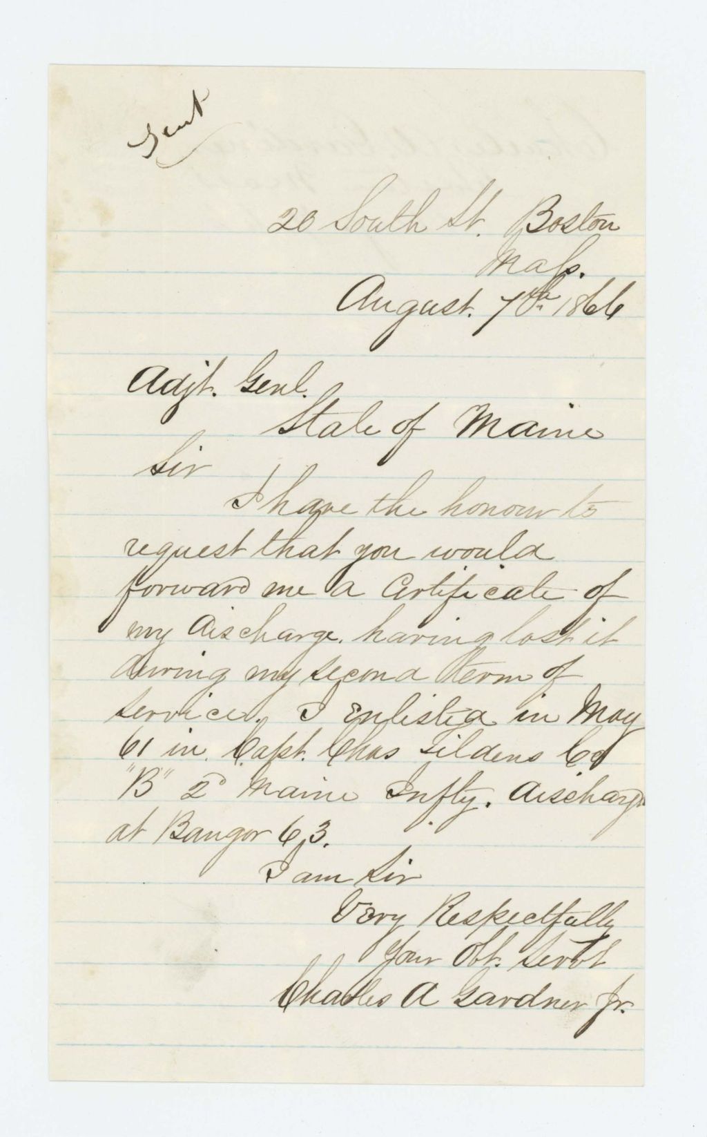 Miniature of Charles A. Gardner, Jr. requests his certificate of discharge