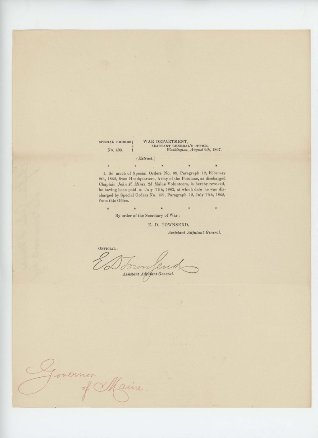 Miniature of Special Order 403 regarding Chaplain John F. Mines