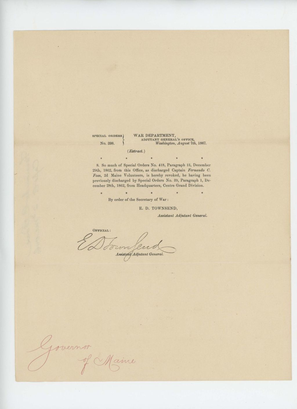 Miniature of Special Order 398 regarding discharge of Captain Fernando C. Foss