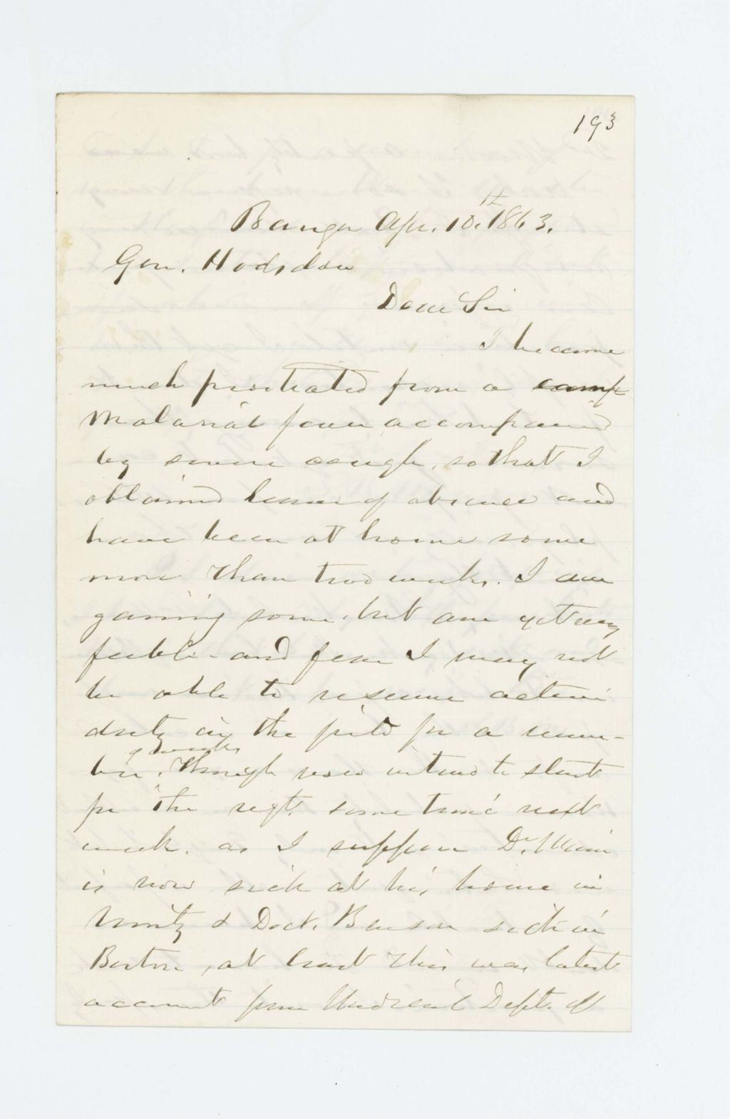 Miniature of S.B. Morison writes of his illness to General Hodsdon