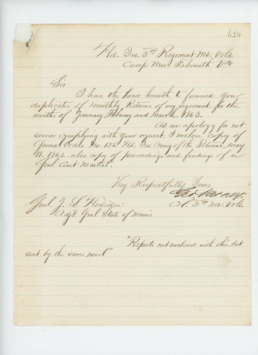 Miniature of Colonel George Varney forwards his monthly returns of January-March 1863