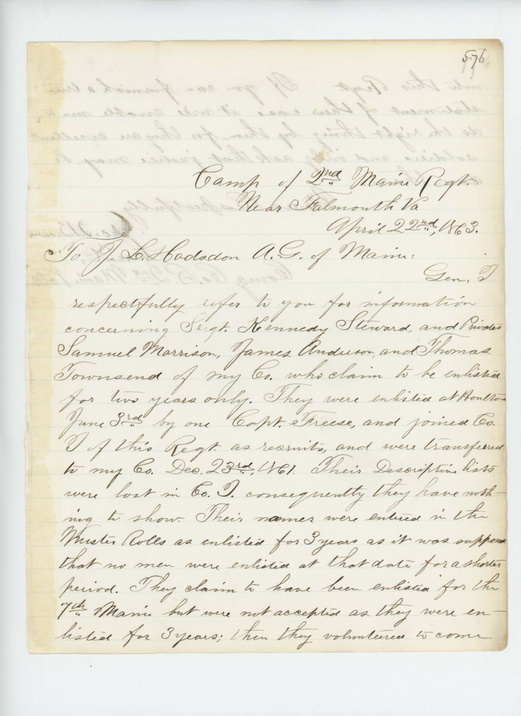 Miniature of Lieutenant George I. Brown requests information on Kennedy Steward, Samuel Morrison, James Anderson, and Thomas Townsend