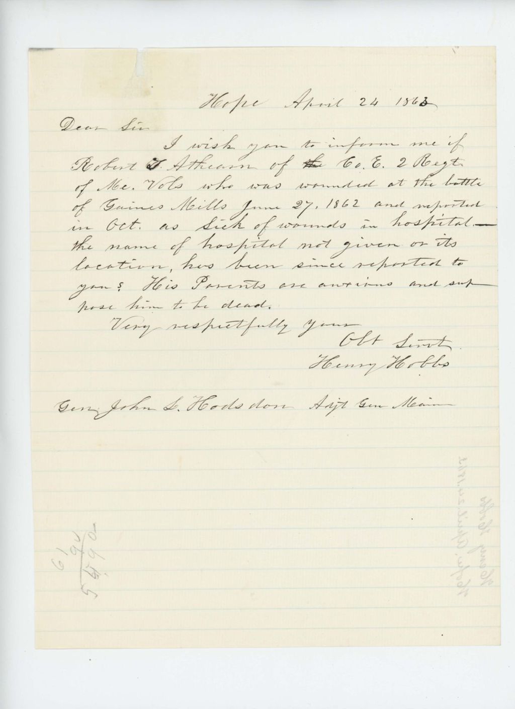 Miniature of Henry Hobbs requests information on welfare of Robert Athearn