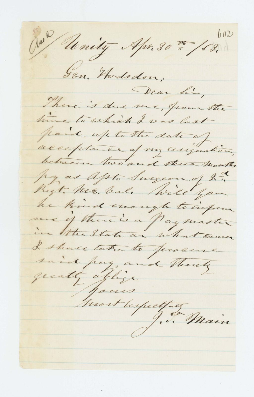 Miniature of J.T Main requests payment for services as assistant surgeon