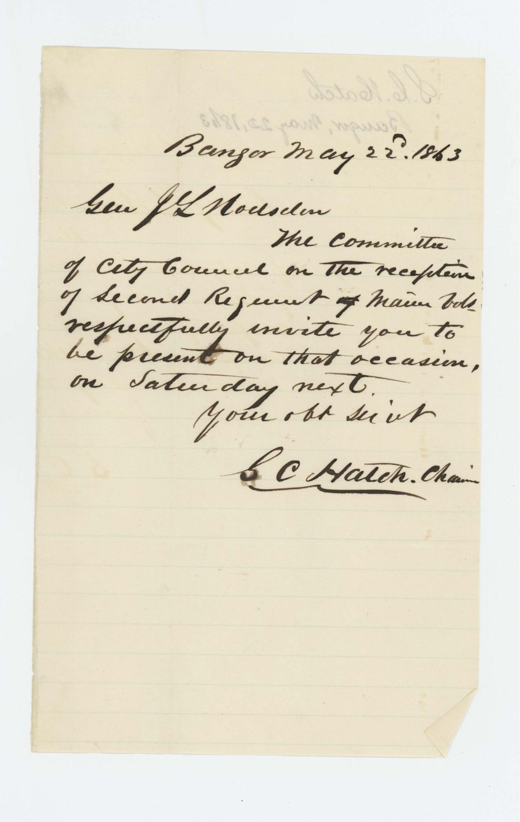 Miniature of G.C. Hatch requests Adjutant General Hodsdon be present at a reception for the 2nd Maine Regiment