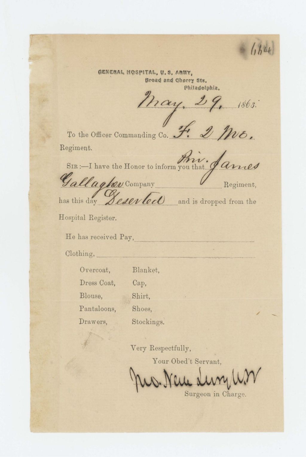 Miniature of Surgeon at General Hospital in Philadelphia reports the desertion of Private James Gallagher from the hospital
