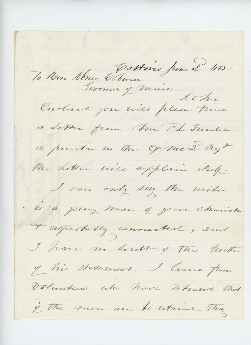 Miniature of J.B. Wilson writes to Governor Coburn regarding the regiment
