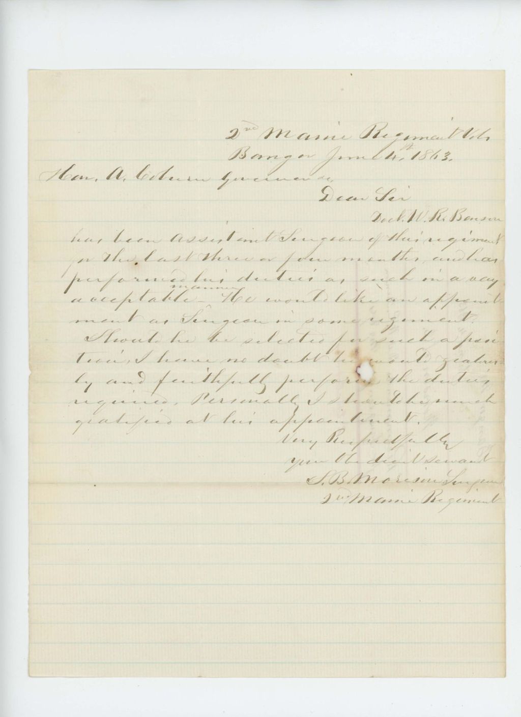 Miniature of Dr. S.B. Morison recommends Dr. W.R. Benson for appointment as surgeon