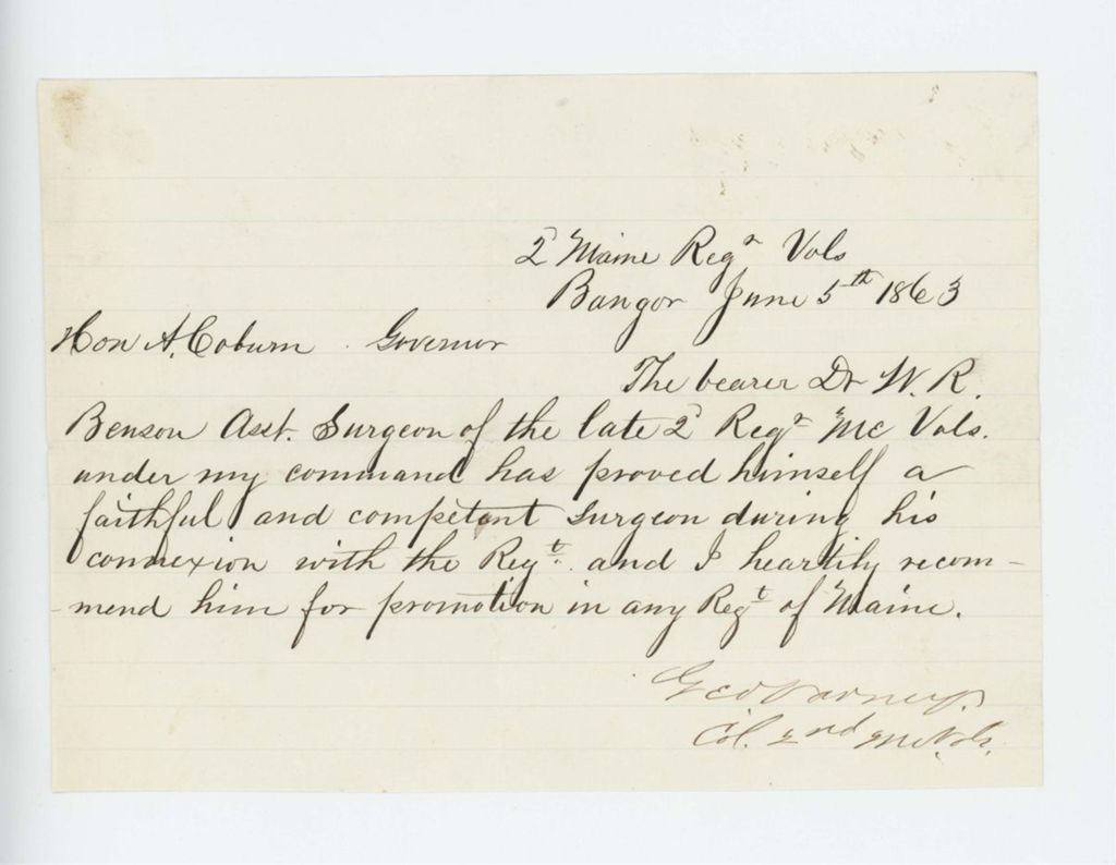 Miniature of Colonel George Varney recommends Dr. W.R. Benson for appointment as surgeon