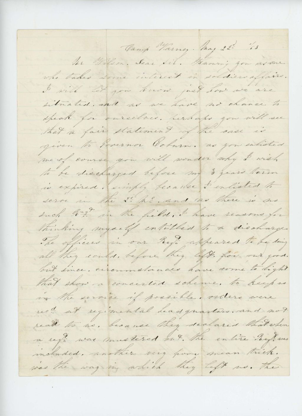 Miniature of F.L. Grindle writes to Mr. Wilson requesting his aid in presenting the case of the 2nd Regiment to Governor Coburn