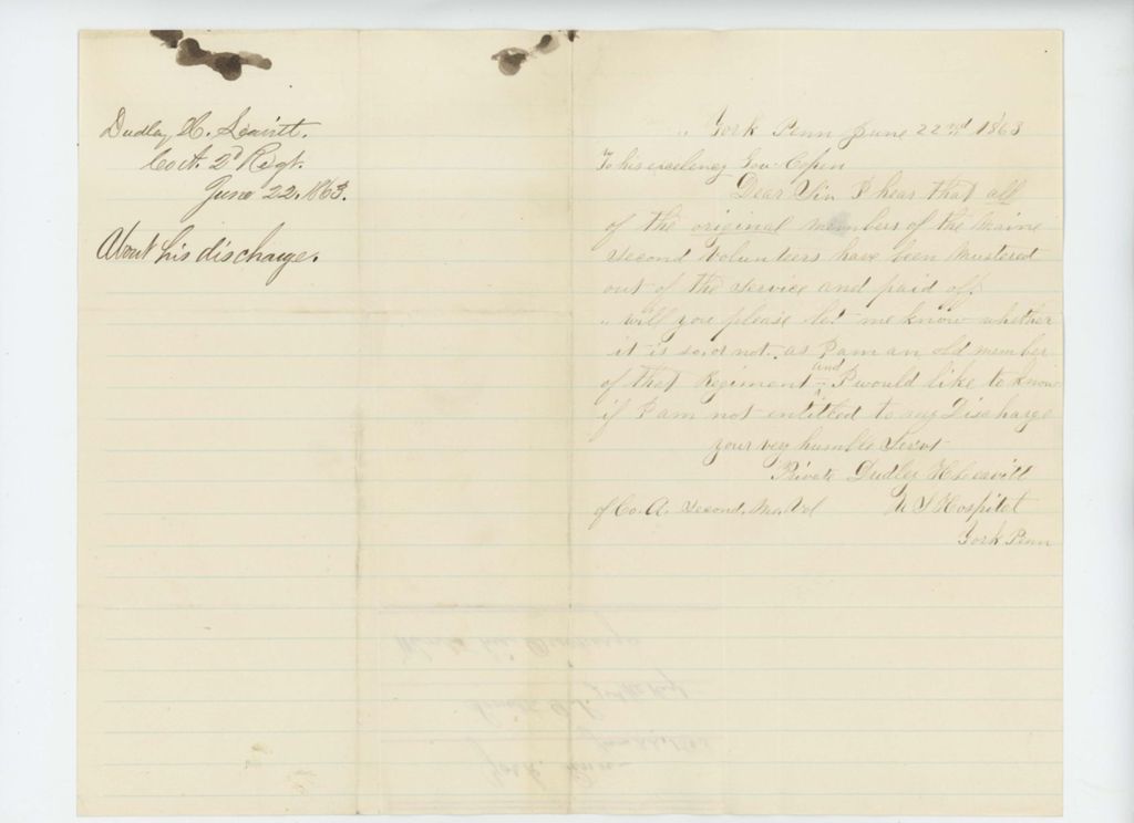 Miniature of Dudley Leavitt requests his discharge