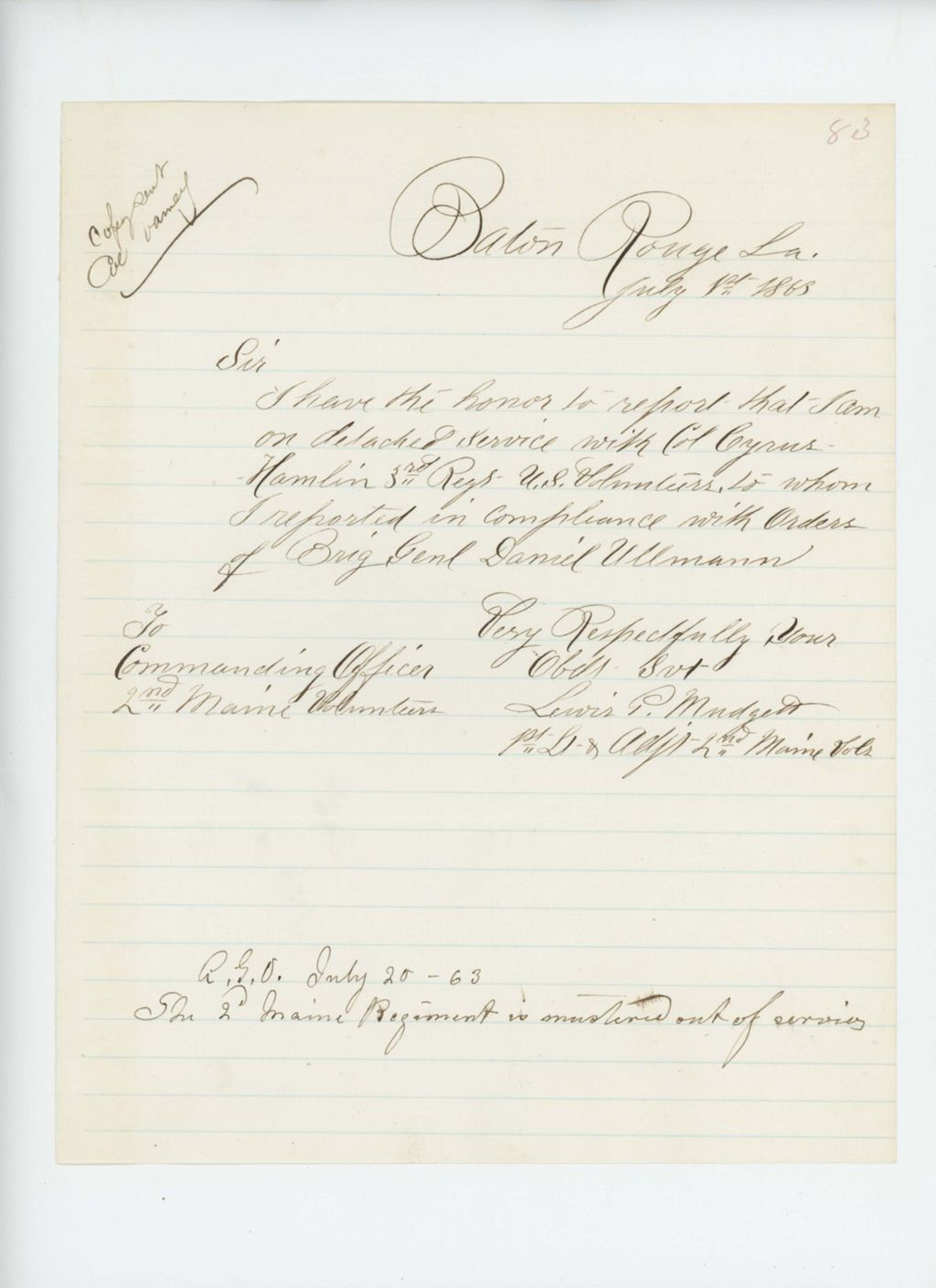 Miniature of Lieutenant Lewis P. Mudgett reports he is on detached service with the 3rd Regiment US Volunteers