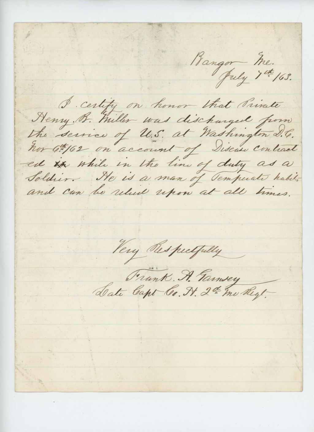 Miniature of Captain Frank A. Garnsey certifies discharge of Henry B. Miller