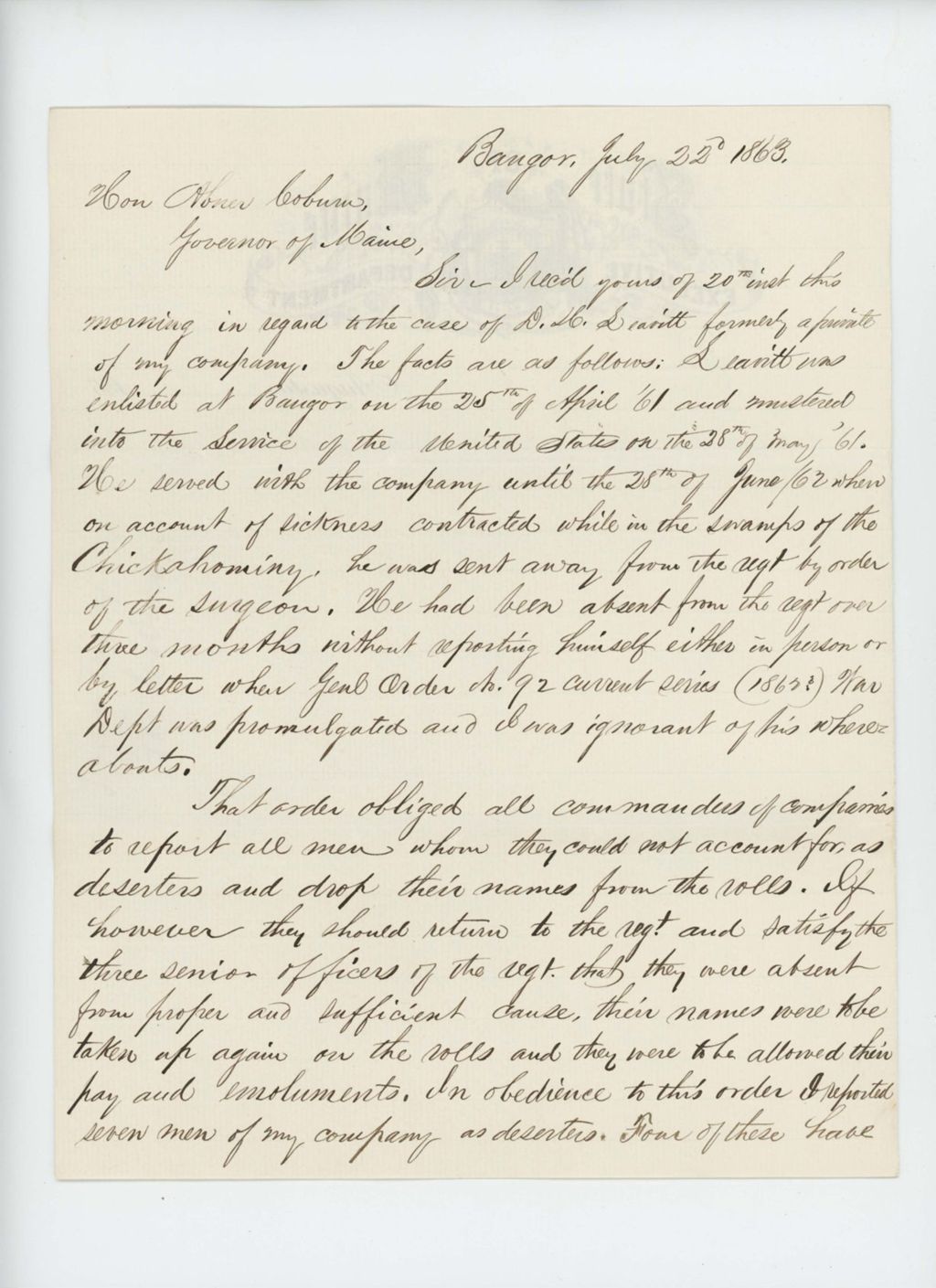 Miniature of Captain R.B. Wiggin writes for an honorable discharge of D.H. Leavitt