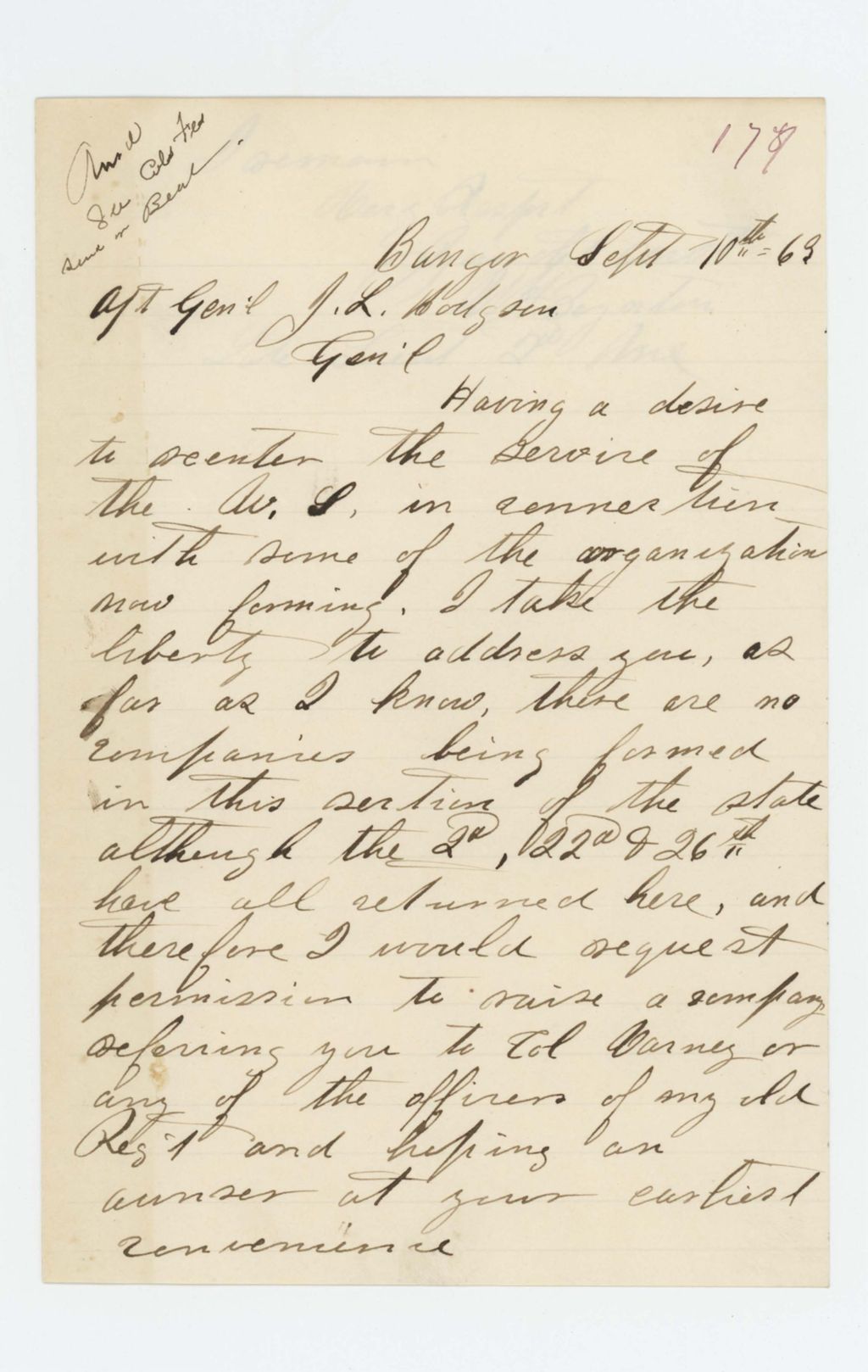 Miniature of W.H. Boynton requests permission to re-enter service and raise a company