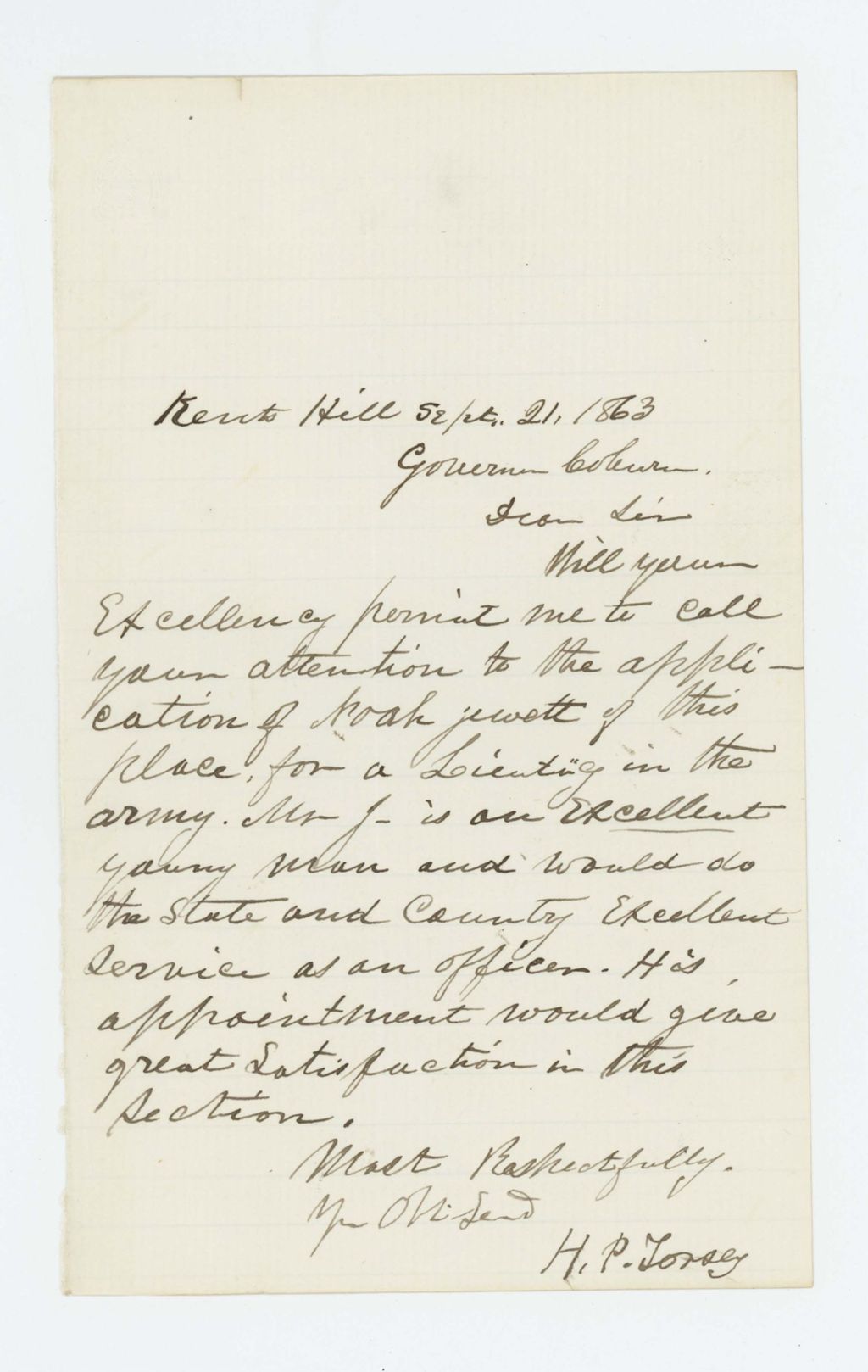 Miniature of H.P. Torsey recommends Noah Jewett for Lieutenant